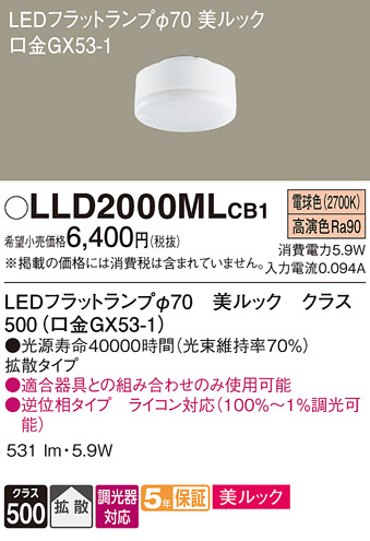 安心のメーカー保証【インボイス対応店】LLD2000MLCB1 （LDF6L-D-H-GX53/D/S） パナソニック ランプ類 LEDユニット LED  Ｔ区分の画像