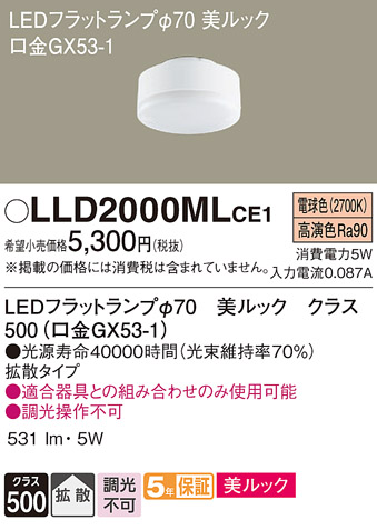 安心のメーカー保証【インボイス対応店】LLD2000MLCE1 （LDF5L-D-H-GX53/S） パナソニック ランプ類 LEDユニット LED  Ｔ区分の画像