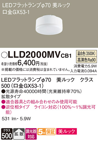 安心のメーカー保証【インボイス対応店】LLD2000MVCB1 （LDF6WW-D-H-GX53/D/S） パナソニック ランプ類 LEDユニット LED  Ｔ区分の画像