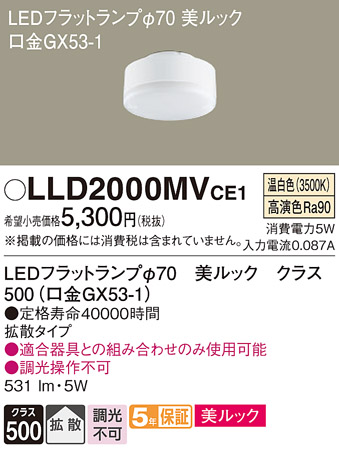 安心のメーカー保証【インボイス対応店】LLD2000MVCE1 （LDF5WW-D-H-GX53/S） パナソニック ランプ類 LEDユニット LED  Ｔ区分の画像