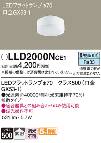 安心のメーカー保証【インボイス対応店】LLD2000NCE1 （LDF5N-H-GX53/S） パナソニック ランプ類 LEDユニット LED  Ｔ区分の画像