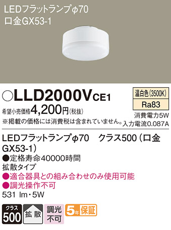 安心のメーカー保証【インボイス対応店】LLD2000VCE1 （LDF5WW-H-GX53/S） パナソニック ランプ類 LEDユニット LED  Ｔ区分の画像