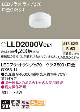 安心のメーカー保証【インボイス対応店】LLD2000VCE1 （LDF5WW-H-GX53/S） パナソニック ランプ類 LEDユニット LED  Ｔ区分の画像