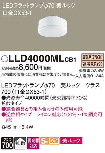 安心のメーカー保証【インボイス対応店】LLD4000MLCB1 （LDF8L-D-H-GX53/D/S） パナソニック ランプ類 LEDユニット LED  Ｔ区分の画像