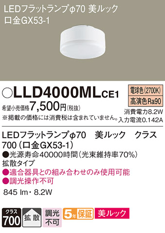 安心のメーカー保証【インボイス対応店】LLD4000MLCE1 （LDF8L-D-H-GX53/S） パナソニック ランプ類 LEDユニット LED  Ｔ区分の画像