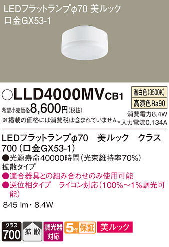 安心のメーカー保証【インボイス対応店】LLD4000MVCB1 （LDF8WW-D-H-GX53/D/S） パナソニック ランプ類 LEDユニット LED  Ｔ区分の画像