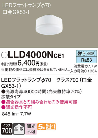 安心のメーカー保証【インボイス対応店】LLD4000NCE1 （LDF8N-H-GX53/S） パナソニック ランプ類 LEDユニット LED  Ｔ区分の画像