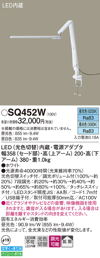 安心のメーカー保証【インボイス対応店】SQ452W パナソニック スタンド LED  Ｎ区分の画像