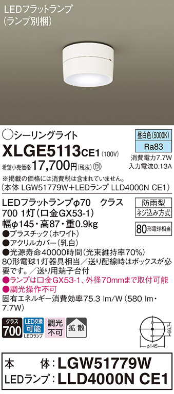 安心のメーカー保証【インボイス対応店】XLGE5113CE1 『LGW51779W＋LLD4000NCE1』（ランプ別梱包） パナソニック 屋外灯 シーリングライト LED  Ｔ区分の画像