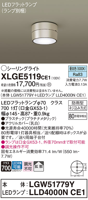 安心のメーカー保証【インボイス対応店】XLGE5119CE1 『LGW51779Y＋LLD4000NCE1』（ランプ別梱包） パナソニック 屋外灯 シーリングライト LED  Ｔ区分の画像