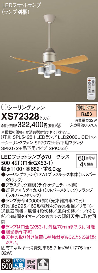 XS72328 『SPL5428＋LLD2000LCE1×4＋SP7072＋SPK072＋SPK032』（ランプ別梱包） パナソニック シーリングファン セット品 LED リモコン付  Ｔ区分の画像