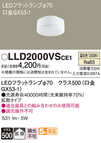 安心のメーカー保証　【インボイス対応店】LLD2000VSCE1 パナソニック ランプ類 LEDユニット LED  Ｔ区分の画像