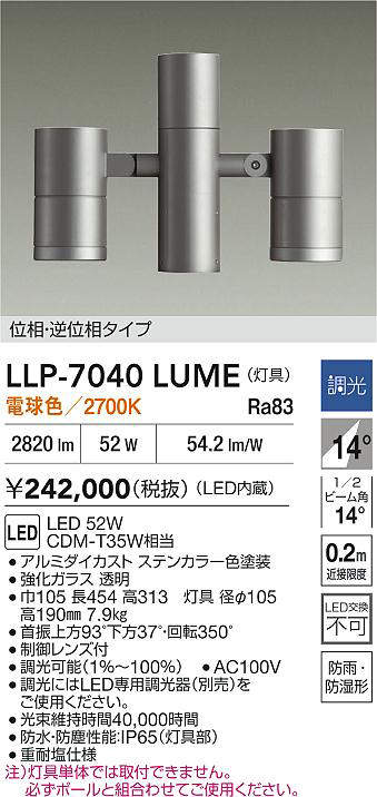 安心のメーカー保証【インボイス対応店】LLP7040LUME ダイコー 屋外灯 ポールライト 灯具のみ ポール別売 LED 大光電機の画像