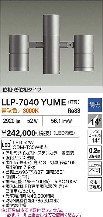 安心のメーカー保証【インボイス対応店】LLP7040YUME ダイコー 屋外灯 ポールライト 灯具のみ ポール別売 LED 大光電機の画像