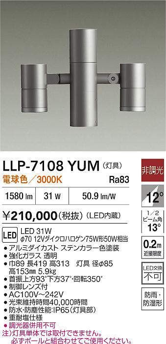 安心のメーカー保証【インボイス対応店】LLP7108YUM ダイコー 屋外灯 ポールライト 灯具のみ ポール別売 LED 大光電機の画像