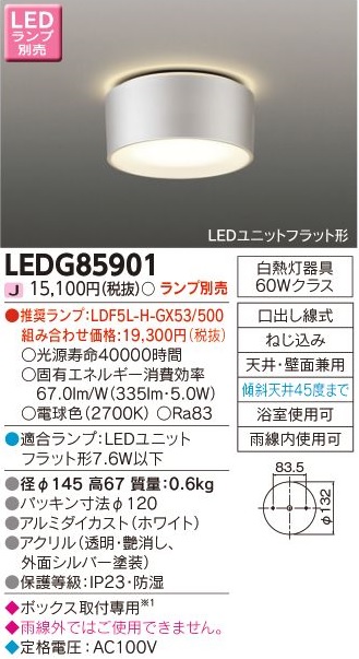 安心のメーカー保証【インボイス対応店】LEDG85901 東芝照明 ポーチライト 軒下使用可 LED ランプ別売の画像