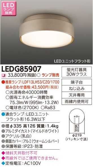 安心のメーカー保証【インボイス対応店】LEDG85907 東芝照明 ポーチライト 軒下用 LED ランプ別売の画像