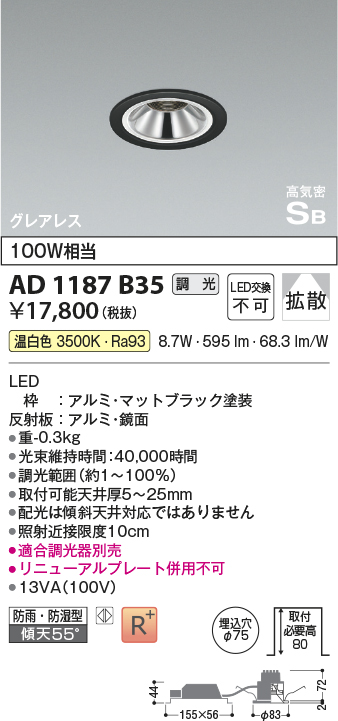 安心のメーカー保証【インボイス対応店】AD1187B35 コイズミ 屋外灯 ダウンライト LED  Ｔ区分の画像