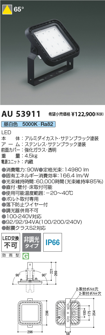 安心のメーカー保証【インボイス対応店】AU53911 コイズミ 屋外灯 投光器 LED  Ｔ区分の画像