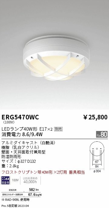 安心のメーカー保証【インボイス対応店】ERG5470WC 遠藤照明 ポーチライト LED ランプ別売 Ｎ区分の画像