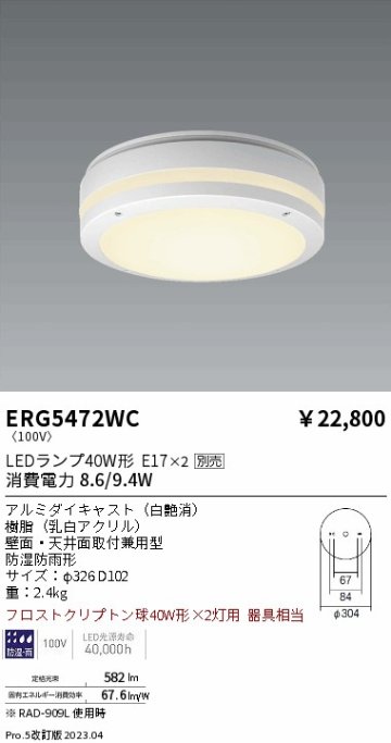 安心のメーカー保証【インボイス対応店】ERG5472WC 遠藤照明 ポーチライト LED ランプ別売 Ｎ区分の画像