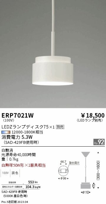 安心のメーカー保証【インボイス対応店】ERP7021W 遠藤照明 ペンダント LED ランプ別売 Ｎ区分 Ｎ発送の画像