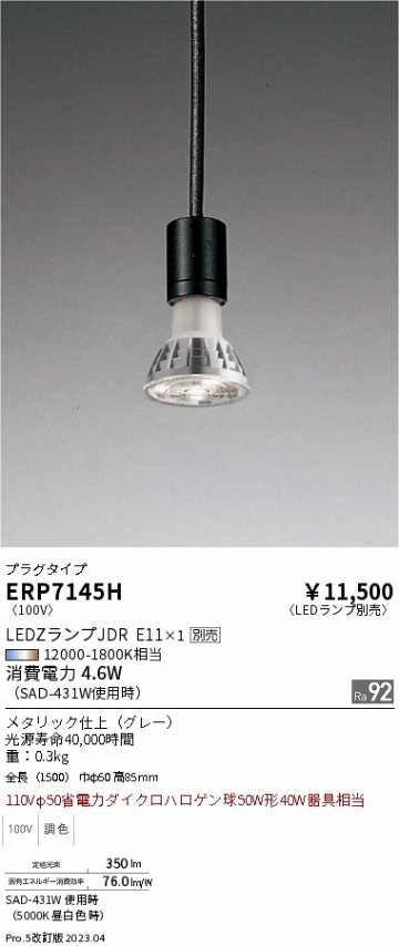 安心のメーカー保証【インボイス対応店】ERP7145H 遠藤照明 ペンダント 配線ダクト用 LED ランプ別売 Ｎ区分の画像