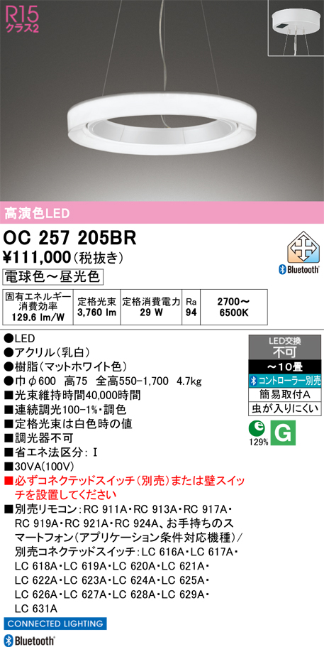 安心のメーカー保証 【インボイス対応店】OC257205BR オーデリック ペンダント LED リモコン別売  Ｎ区分の画像