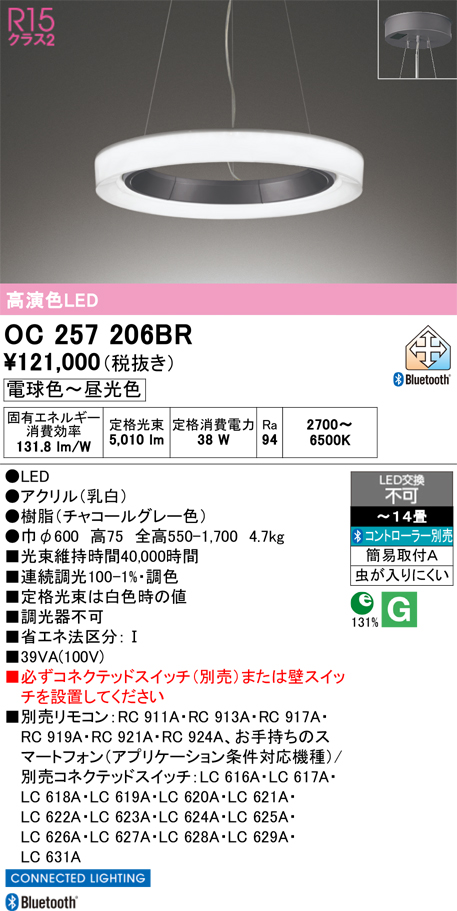 安心のメーカー保証 【インボイス対応店】OC257206BR オーデリック ペンダント LED リモコン別売  Ｎ区分の画像
