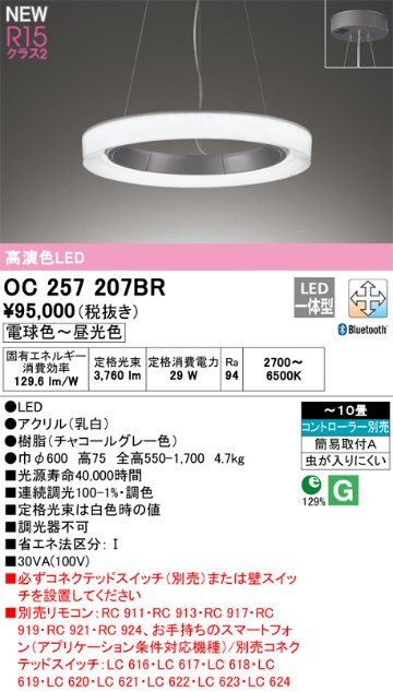 安心のメーカー保証【インボイス対応店】OC257207BR オーデリック ペンダント LED リモコン別売  Ｔ区分画像