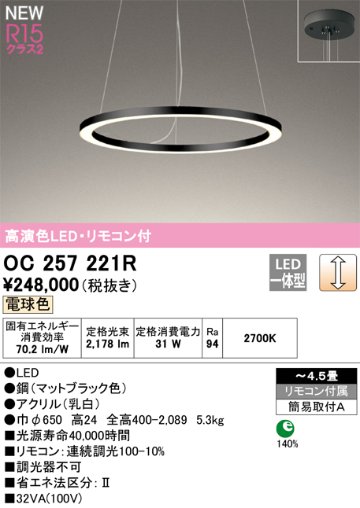 安心のメーカー保証【インボイス対応店】OC257221R オーデリック ペンダント LED リモコン付  Ｎ区分の画像