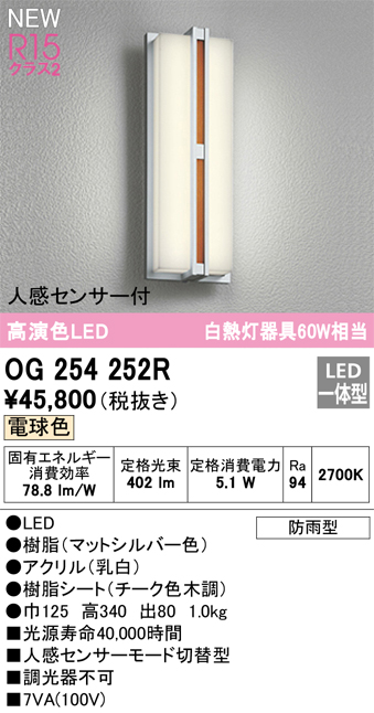 安心のメーカー保証【インボイス対応店】OG254252R オーデリック ポーチライト LED  Ｔ区分の画像