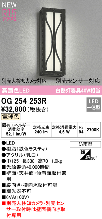 安心のメーカー保証【インボイス対応店】OG254253R オーデリック ポーチライト LED  Ｔ区分の画像