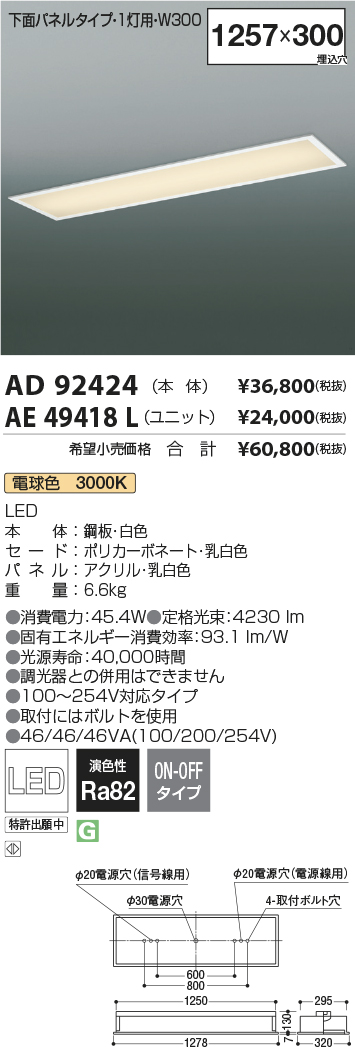 安心のメーカー保証【インボイス対応店】AD92424 コイズミ ベースライト 天井埋込型 本体のみ LED ランプ別売 Ｔ区分の画像