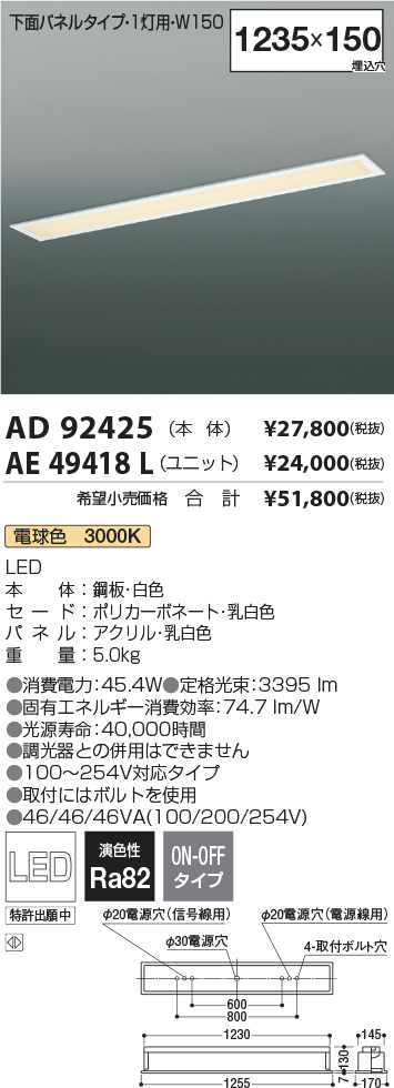 安心のメーカー保証【インボイス対応店】AD92425 コイズミ ベースライト 天井埋込型 本体のみ LED ランプ別売 Ｔ区分の画像