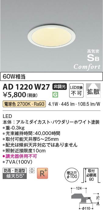 安心のメーカー保証【インボイス対応店】AD1220W27 コイズミ 屋外灯 ダウンライト LED  Ｔ区分の画像