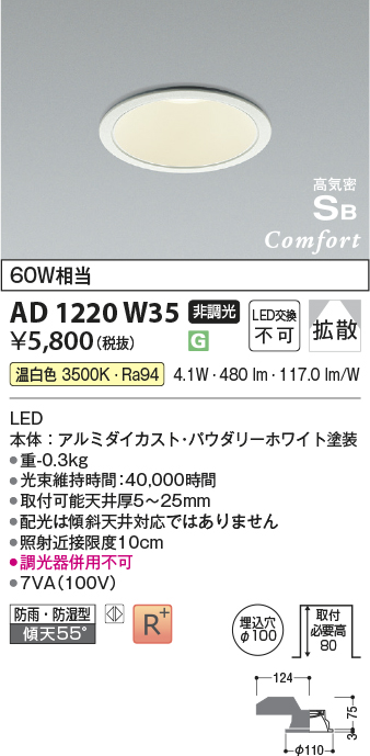 安心のメーカー保証【インボイス対応店】AD1220W35 コイズミ 屋外灯 ダウンライト LED  Ｔ区分の画像