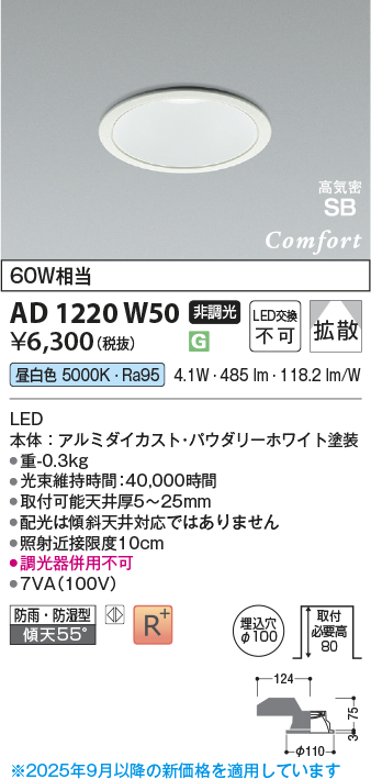 安心のメーカー保証【インボイス対応店】AD1220W50 コイズミ 屋外灯 ダウンライト LED  Ｔ区分の画像
