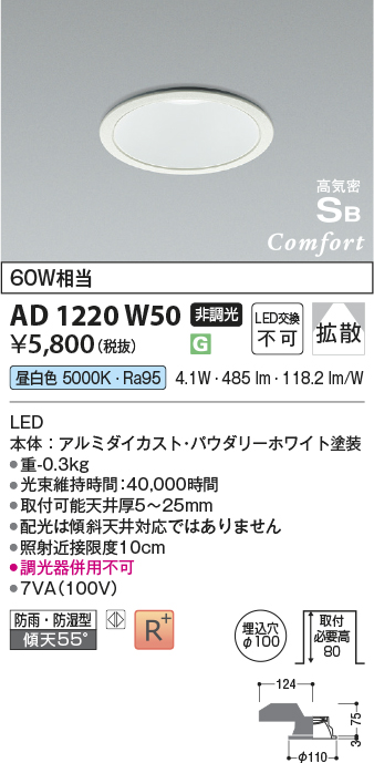 安心のメーカー保証【インボイス対応店】AD1220W50 コイズミ 屋外灯 ダウンライト LED  Ｔ区分の画像