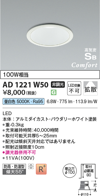 安心のメーカー保証【インボイス対応店】AD1221W50 コイズミ 屋外灯 ダウンライト LED  Ｔ区分の画像