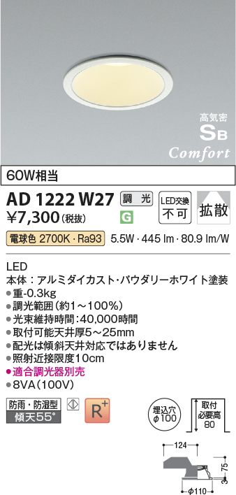 安心のメーカー保証【インボイス対応店】AD1222W27 コイズミ 屋外灯 ダウンライト LED  Ｔ区分の画像