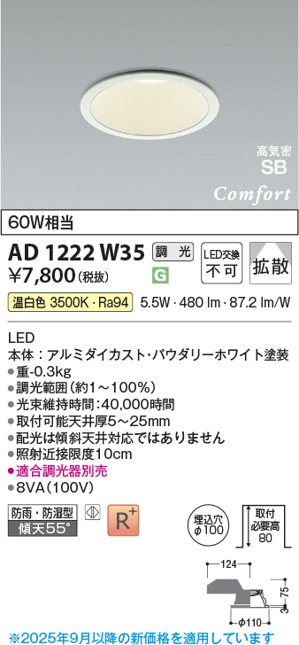 安心のメーカー保証【インボイス対応店】AD1222W35 コイズミ 屋外灯 ダウンライト LED  Ｔ区分の画像