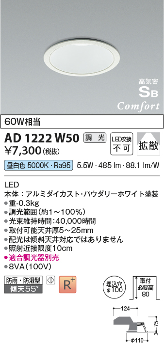 安心のメーカー保証【インボイス対応店】AD1222W50 コイズミ 屋外灯 ダウンライト LED  Ｔ区分の画像