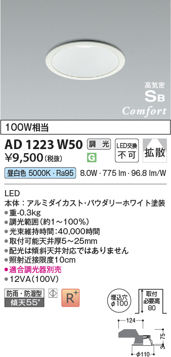 安心のメーカー保証【インボイス対応店】AD1223W50 コイズミ 屋外灯 ダウンライト LED  Ｔ区分の画像