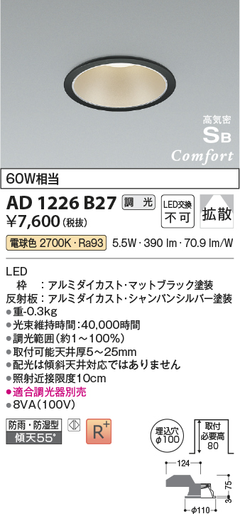 安心のメーカー保証【インボイス対応店】AD1226B27 コイズミ 屋外灯 ダウンライト LED  Ｔ区分の画像