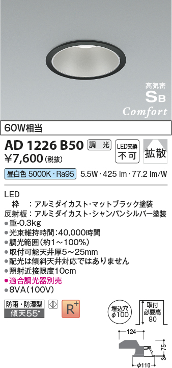 安心のメーカー保証【インボイス対応店】AD1226B50 コイズミ 屋外灯 ダウンライト LED  Ｔ区分の画像