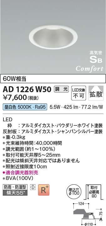 安心のメーカー保証【インボイス対応店】AD1226W50 コイズミ 屋外灯 ダウンライト LED  Ｔ区分の画像