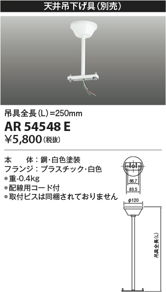 安心のメーカー保証【インボイス対応店】AR54548E コイズミ ベースライト 誘導灯 別売天井吊下げ具  Ｔ区分の画像