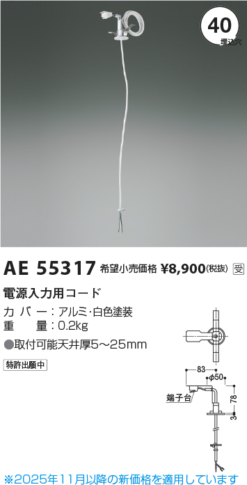 安心のメーカー保証【インボイス対応店】AE55317 コイズミ オプション 電源入力用コード  Ｔ区分の画像