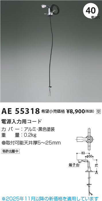 安心のメーカー保証【インボイス対応店】AE55318 コイズミ オプション 電源入力用コード  Ｔ区分の画像